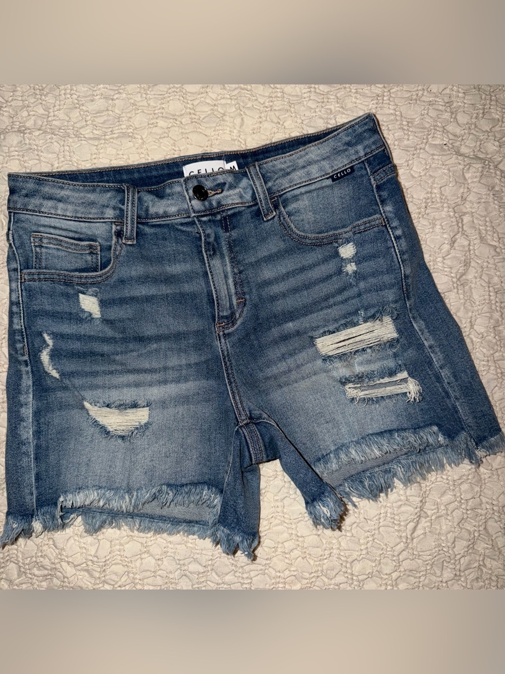 Cello Frayed Hem Distressed Denim Shorts - Blue